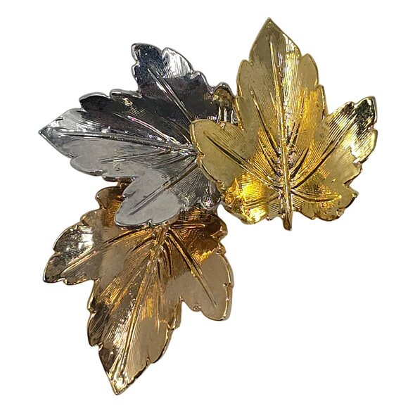 Vintage Tri-Tone Maple Leaf Cluster Brooch Pin Mixed Metal Fall Autumn Jewelry - Picture 1 of 9